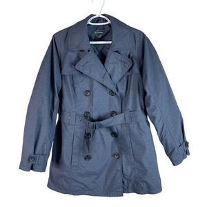 LL Bean Double Breasted Trench Coat Womens S‎ Reg Blue Nylon Belted Insulated